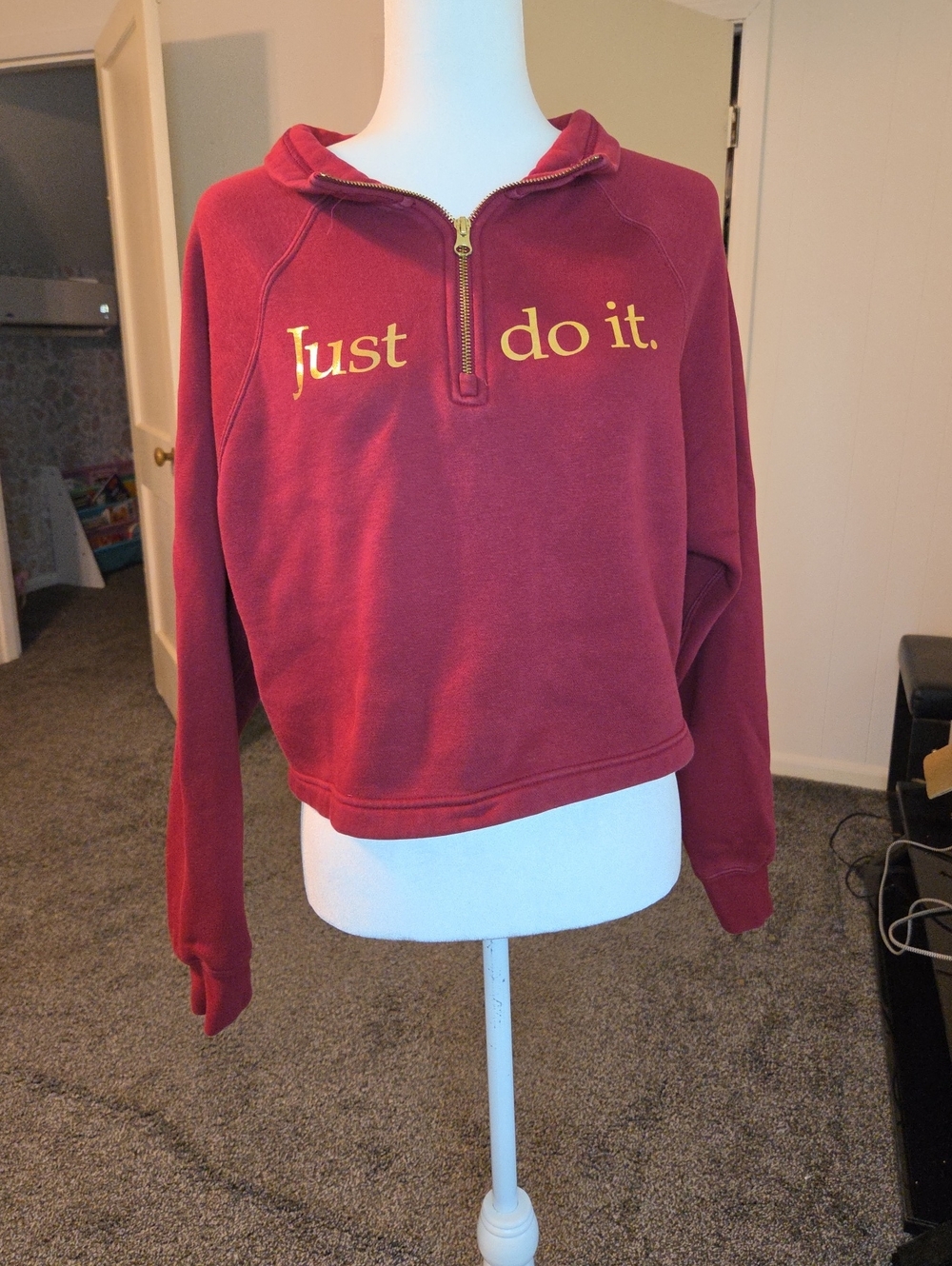 Nike Women's Burgundy Half-Zip Crewneck Sweatshirt with Gold Logo